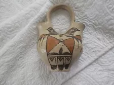 Acoma Pueblo Pottery wedding vase vintage mid century unsigned 6.5" birds