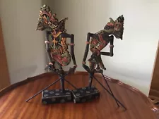 Pair of Wayang Golek Indonesian Shadow Theater Puppets w/Stands 12" Exc!