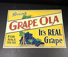 Vtg. Drink Grape Ola It's Real Grape For Sale Here Mfg. By J.V. Reed & Co.Sign