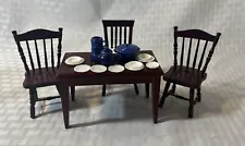 Dollhouse dining Room Set With Dish’s & Pans. Setting For 3, A Soup Pot, Coffee