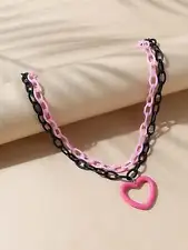 Heart Charm Pink and Black Chain Layered Necklace for Women Jewelry for Women