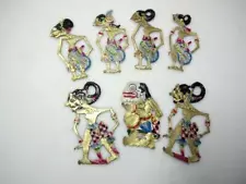 VINTAGE JAVA BALI 7 HAND MADE LEATHER WAYANG KULIT SHADOW PUPPET FIGURES 4.5"