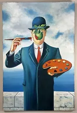 René Magritte (Handmade) Oil On Canvas Signed & Stamped Painting Vtg art