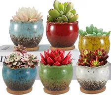 4-Inch Colorful Ceramic Succulent Pots with Bamboo Saucers - Glazed - B16