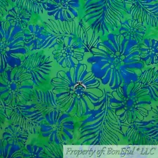 BonEful Fabric FQ Cotton Quilt Green Blue BATIK Tropical Island Flower Hawaiian