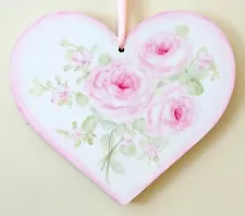 ROSES BOUQUET heart wooden shabby chic hp Hand Painted cottage ribbon decor new