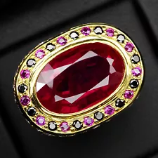 Estate Pigeon Blood Ruby 17Ct 925 Sterling Silver Handmade Gold Rings Size 7