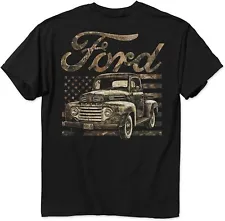 1949 Ford Truck T-Shirt - Black w/ Camouflage Graphic & American Flag Background