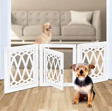 Freestanding Dog Gate with Door Expandable Decorative Wooden Fence White Diamond