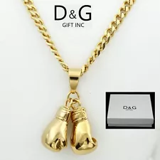 DG Men's 24"Gold Stainless-Steel Cuban Curb Necklace~Boxing Gloves~Pendant + Box