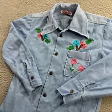 Vintage Denim Shirt Mens 36 Denim Mushrooms Embroidered 60s Hippie Sanforized