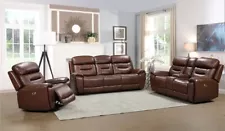 LUXURY Genuine Top-Grain Leather 3PC Sofa Power Recliner Furniture Set in Brown