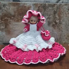 Vintage Handmade Crochet Doll Southern Belle Pink White Brunette Blue Eyes Hat