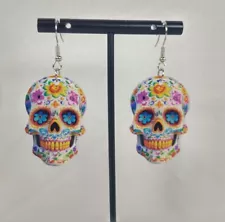 Hook Dangle Pierced Earrings Big Acrylic Day Of The Dead Sugar Skulls Jewelry