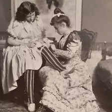 Seamstress Measuring Woman's Garter Stereoview c1900 Stocking Girls Photo D895