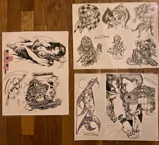 3 BLK & GRAY TATTOO FLASH SHEETS 2009 Huss vtg laminated