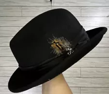 Stacey Adams Black Crush Felt Fedora Hat Homburg Satin Band Feather Pinch Front