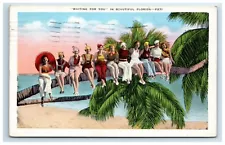 Postcard Waiting for You Florida Bathing Beauties on Palm Tree Beach Pinup c1938