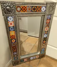 LARGE 34"X 22" MEXICAN FOLK ART PIERCED TIN & TALAVERA TILE FRAMED WALL MIRROR