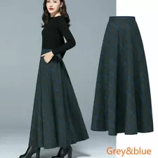 Ladies Check Faux Wool Skirt Tartan A-line Pleated Long Swing High Waist Winter