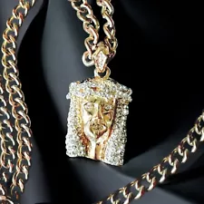 Gold Tone Jesus Piece Pendant Iced Out Cuban Link Chain Necklace