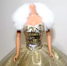 Barbie Doll Gold Dress w Fur Collar Ballroom Gown Fashion Outfit NEW