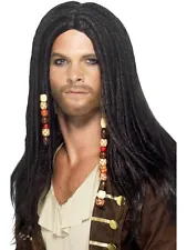 Mens Pirate Wig Beads Braided Dreadlocks Dreads Long Black Hair Adult Costume