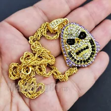 HIP HOP ICED GOLD PLATED SKELETOR SKULL PENDANT & 24" ROPE CHAIN BLING NECKLACE