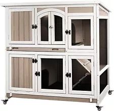 PetsCosset 47"L Rabbit Hutch Indoor Wooden 2-Story Large Bunny Cage on Wheels