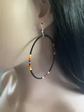 1 Pair 2.5” Native American Style Black Beaded Hoop Earrings