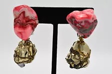 K. Roache Vintage Clip Earrings Heavy Geode Stone Tock Gold Crystal Signed 9M