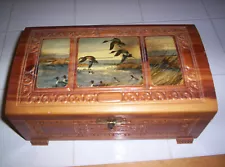 Vintage Keepsake Cedar Hope Chest Carved Top Landscape Litho Lid with Lock able