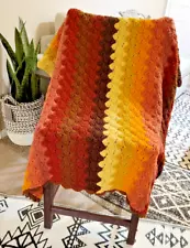 Vintage Large Autumn Crochet Afghan Throw Blanket Chevron Fall Colors Apx 85x52