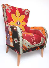 Armchair Upholstery with Vintage Turkish Kilim, Authentic Handmade Armchair