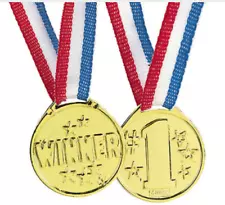 Olympic Gold "Winner" / "#1" Medals - Pack of 12 Plastic Medals w Ribbon