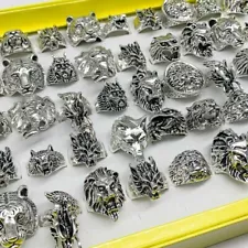 Wholesale 10pcs/Lots Retro Punk Biker Animal Tiger Jewelry Antique Silver Rings