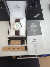 Orient Bambino 40mm Automatic White Dial Brown Leather Strap Mens Watch