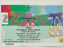 U2 Original Used Concert Ticket Roundhay Park Leeds 14th August 1993