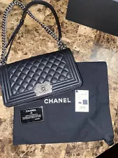 Chanel Boy Bag Black Silver Ruthenium Hardware Shoulder Bag Tote With Dust bag