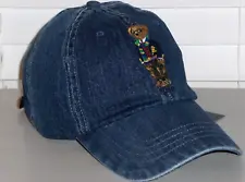 POLO RALPH LAUREN Men's Camo Bear Denim Blue Jean Baseball Cap Hat LEATHER STRAP