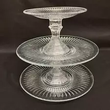 Handmade Glass 3 Tier Cupcake Stand Ribbed Pattern 9.5 Inches Tall