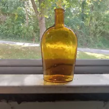 1880s GOLDEN AMBER "F" BASE EMB GLASSHOUSE MARK STRAP SIDE PINT WHISKEY FLASK