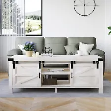 48Inch Modern Farmhouse Coffee Table with Sliding Barn Doors , Storage Cabinets