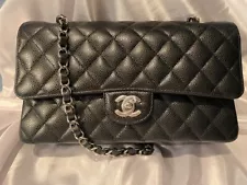 NEW w Receipt-Microchip CHANEL Black Quilted Caviar Medium Double Flap