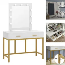 Large Mirror Makeup Vanity Table with 9 Bulbs 2 Drawers Dresser Desk for Bedroom