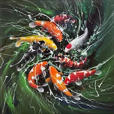 Koi Fish Pond Painting Aquarium Goldfish Original on Canvas Japanese Fine Art