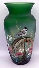 Fenton Art Glass OOAK Michelle Kibbe Chickadee Floral Painted Hunter Green Vase