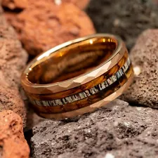 Deer Antler & Whiskey Barrel Wood Hammered Black Tungsten Men Wedding Ring 8mm