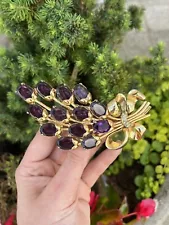 GIANT Vintage Brooch Purple Rhinestone Flower Bouquet White Stone Bow Open Back