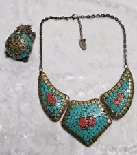 Tibetan Turquoise & Coral Mosaic Stone Necklace With Matching Purfume Holder 18